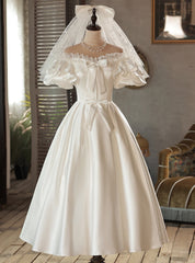 White Satin Lace Puff Sleeve Bow Wedding Dresses