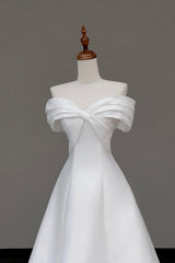 White Satin Long Prom Dresses, Off the Shoulder A-Line Evening Party Dresses