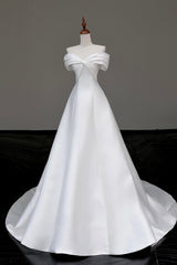 White Satin Long Prom Dresses, Off the Shoulder A-Line Evening Party Dresses