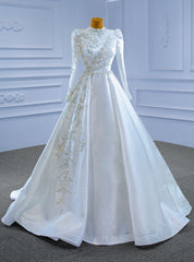 White Satin Long Sleeve High Neck Beading Wedding Dresses