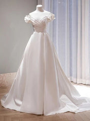 White Satin Off the Shoulder Flower Wedding Dresses With Train