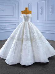 White Satin Off the Shoulder Heavy Beading Sequins Wedding Dresses