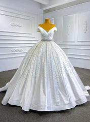 White Satin Off the Shoulder Pearls Crystal Wedding Dresses