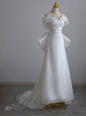 White Satin Off the Shoulder Pleats Bow Wedding Dresses