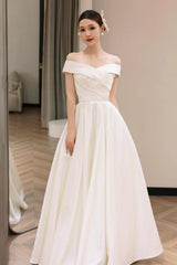 White Satin Off the Shoulder Prom Dresses, A-Line Floor Length Evening Party Dresses