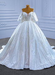 White Satin Puff Sleeve Beading Sequins Wedding Dresses