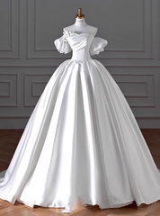 White Satin Puff Sleeve Beading Wedding Dresses