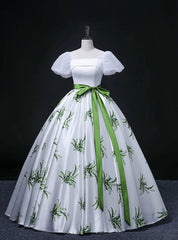 White Satin Puff Sleeve Print Quinceanera Dresses