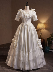 White Satin Short Sleeve Bow Wedding Dresses