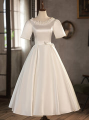 White Satin Short Sleeve Pearls Wedding Dresses