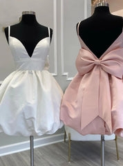 White Satin Spaghetti Straps Bow Homecoming Dresses