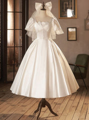 White Satin Square Neck Short Sleeve Button Wedding Dresses