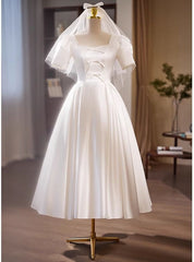 White Satin Square Neck Short Sleeve Pearls Wedding Dresses