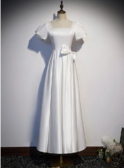 White Satin Square Puff Sleeve Bow Prom Dresses