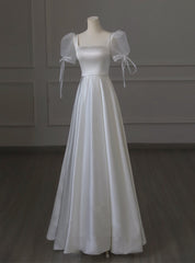 White Satin Square Puff Sleeve Pearls Wedding Dresses