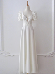 White Satin Square Puff Sleeve Wedding Dress