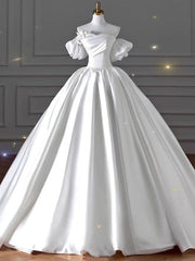 White Satin Strapless Pleats Beading Wedding Dresses