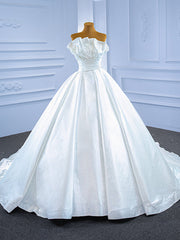 White Satin Strapless Pleats Pearls Wedding Dresses