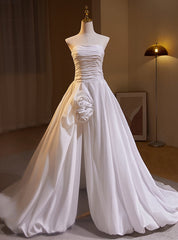 White Satin Strapless Pleats Split Wedding Dresses