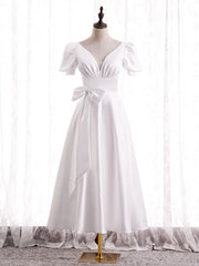 White Satin V-neck Puff Sleeve Bow Prom Dresses