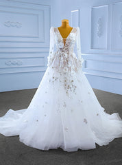 White See Through Tulle V-neck Long Sleeve Appliques Wedding Dresses