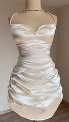 White Short Satin Sheath Birthday Dresses Short Prom Dresses