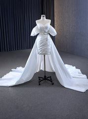 White Short Satin Sweetheart Wedding Dresses Detachable Train