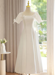 White Square Short Sleeve Bow Wedding Dresses