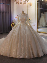 White Tulle Appliques Long Sleeve Beading Wedding Dresses