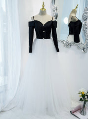 White Tulle Black Top Long Sleeve Spaghetti Straps Prom Dresses