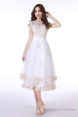 White Tulle Champagne Lace Tea Length Sleeveless Wedding Dresses