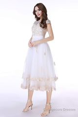 White Tulle Champagne Lace Tea Length Sleeveless Wedding Dresses