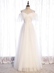 White Tulle Double Straps Short Sleeve Prom Dresses