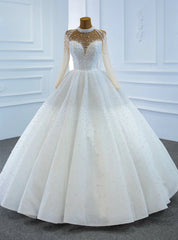 White Tulle High Neck Long Sleeve Pearls Wedding Dresses