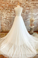 White Tulle Lace Long Prom Dress, A-Line V-Neck Formal Evening Dress