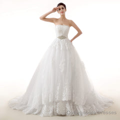 White Tulle Lace Strapless With Sash Wedding Dresses