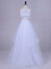 White Tulle Long Graduation Beading Halter Backless 2 Piece Prom Dresses