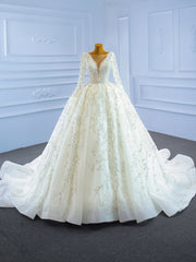 White Tulle Long Sleeve Beading Sequins Wedding Dresses