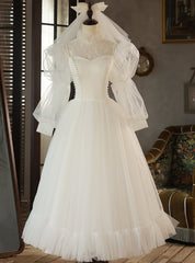 White Tulle Long Sleeve Pearls Wedding Dresses