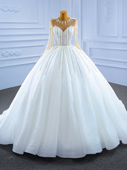 White Tulle Long Sleeve Sequins Beading Wedding Dresses