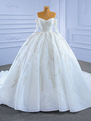 White Tulle Off the Shoulder Long Sleeve Beading Sequins Wedding Dresses