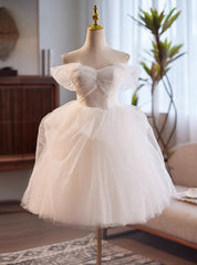 White Tulle Off the Shoulder Pearls Pleats Wedding Dresses