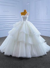 White Tulle One Shoulder Pleats Beading Wedding Dresses