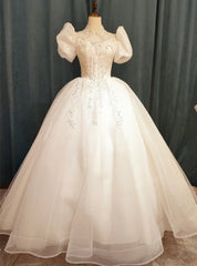 White Tulle Puff Sleeve Beading Sequins Wedding Dresses