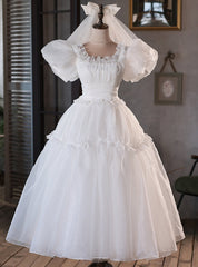 White Tulle Puff Sleeve Pleats Wedding Dresses