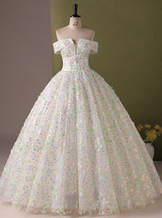 White Tulle Sequins Flower Quinceanera Dresses