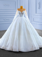 White Tulle Sequins Long Sleeve Beading Illusion Neck Wedding Dresses