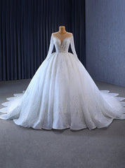 White Tulle Sequins Long Sleeve Beading Wedding Dresses With Long Train