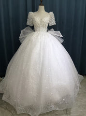 White Tulle Sequins Short Sleeve Beading Wedding Dresses