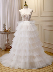 White Tulle Spaghetti Straps Tiers Flower Prom Dresses